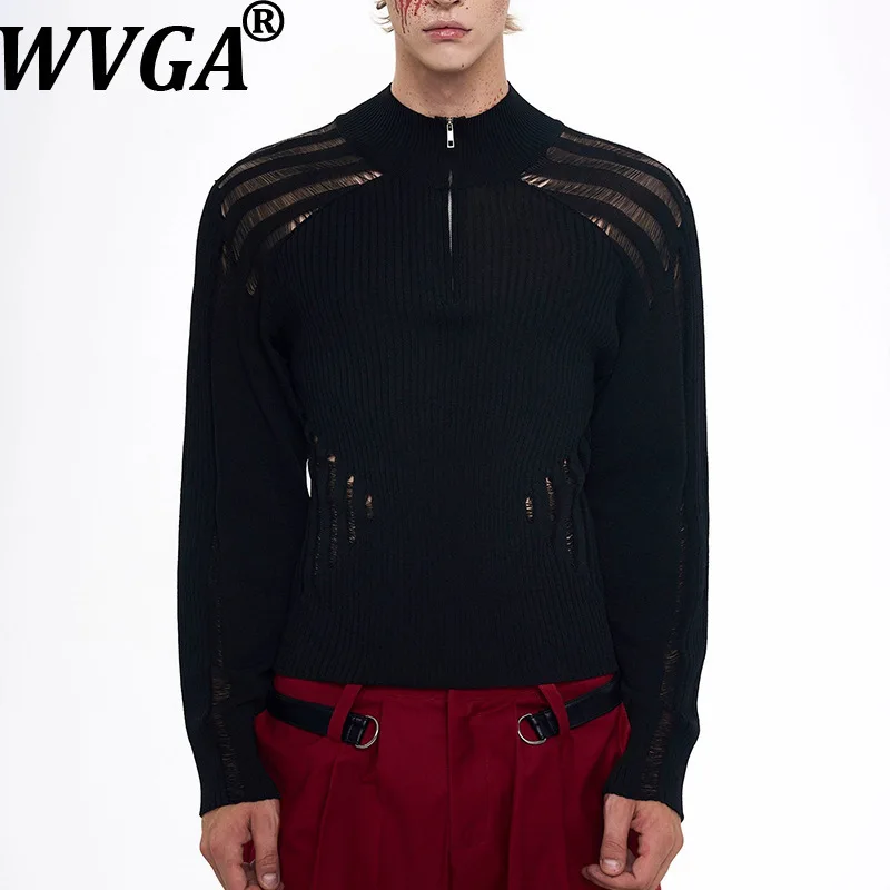 

WVGA Autumn Winter New Man High Street Hollow Out Zipper Knitted Trendy Design Tops Niche Chic Casual O-Neck T-shirts Ins W12514