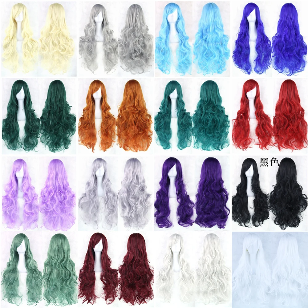 

Soowee 30 Colors Long Wavy Synthetic Hair Silver White Cosplay Wig with Bangs Colorful Halloween Costume Wigs for Girls