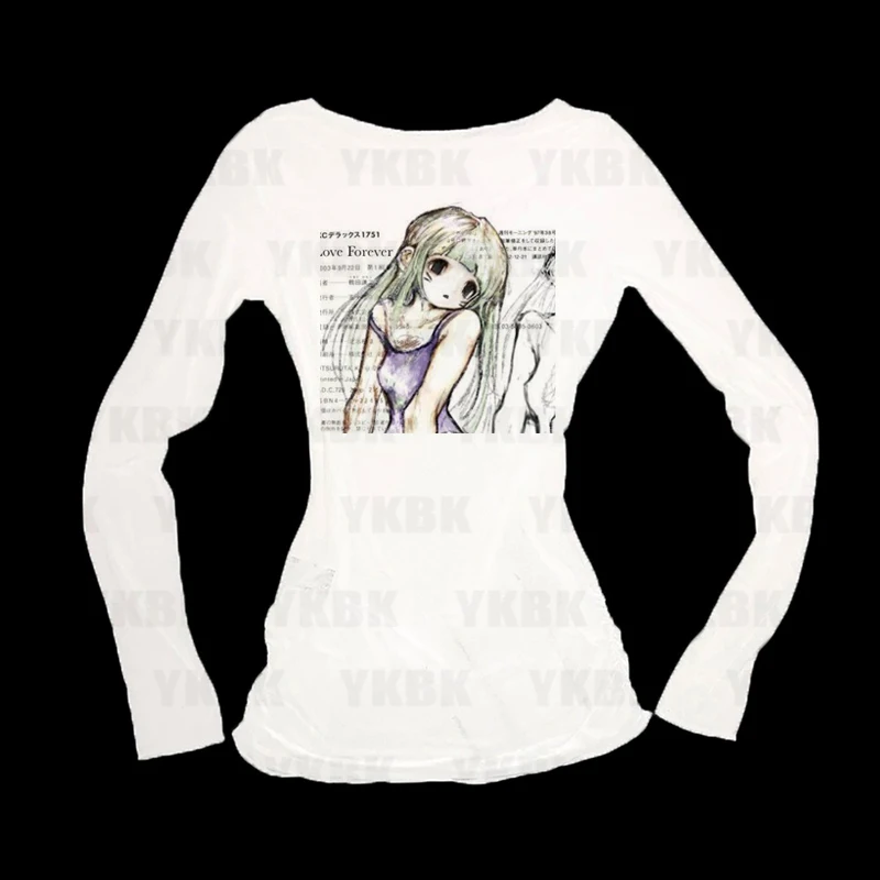 Kawaii Mädchen Langarm Print Anime Tees Y2k Slim Fit Mode Tops Streetwear Frauen Harajuku Retro 90er Jahre Casual Punk Baby Gothic