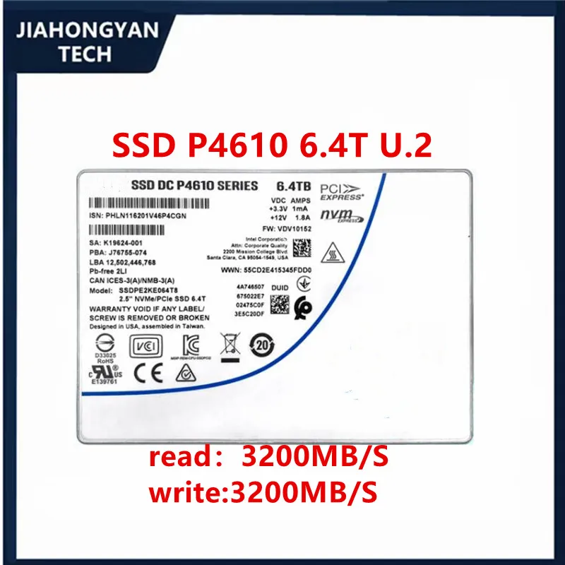 Intel p4610 u.2インターフェイスssdオリジナル、1.6t 3.2t 6.4t、nvme、エンタープライズクラス