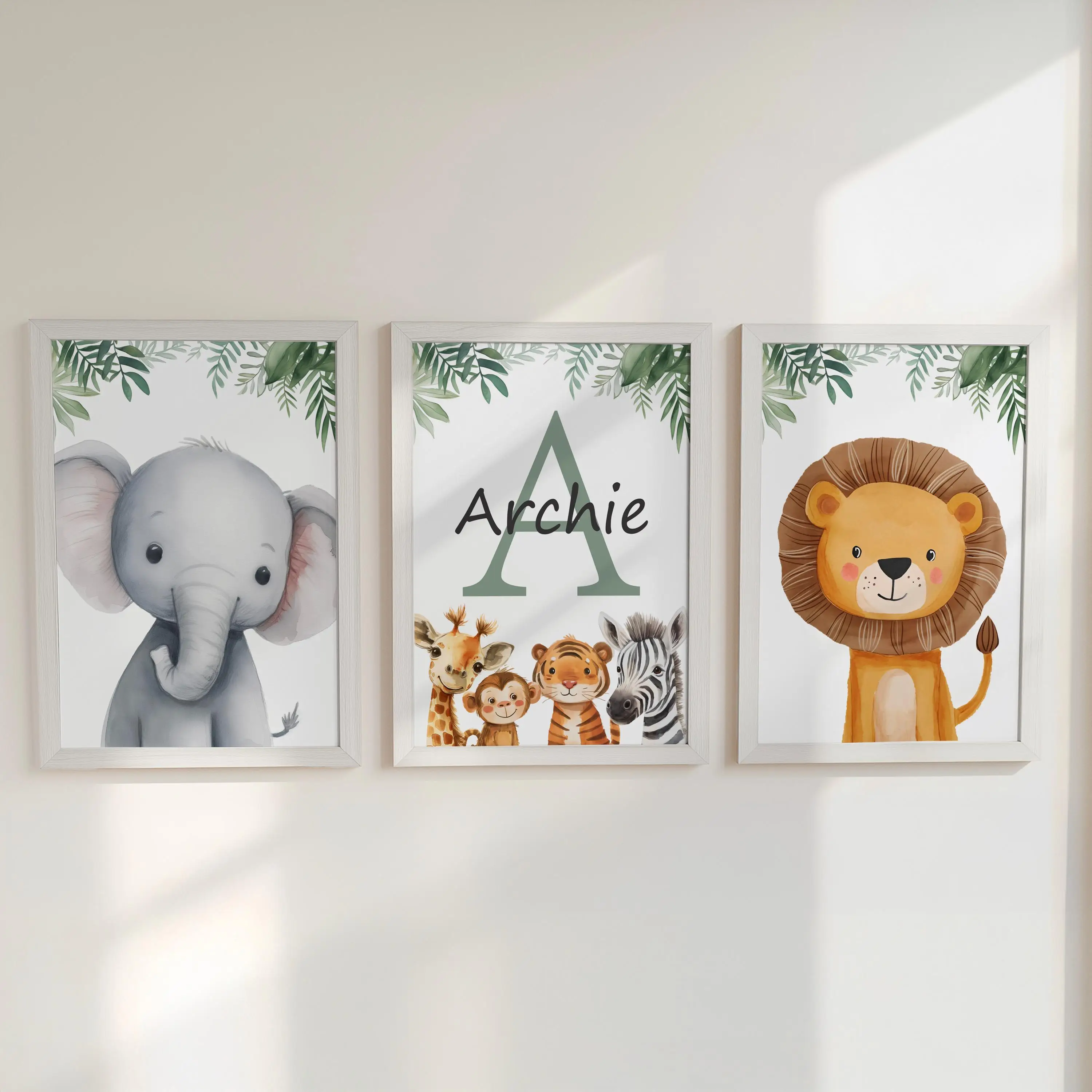 

Personalised Safari Nursery Wall Prints Set of 3 Kids Custom Name Art Boys Bedroom Decor Girls Room Animal Posters Gift