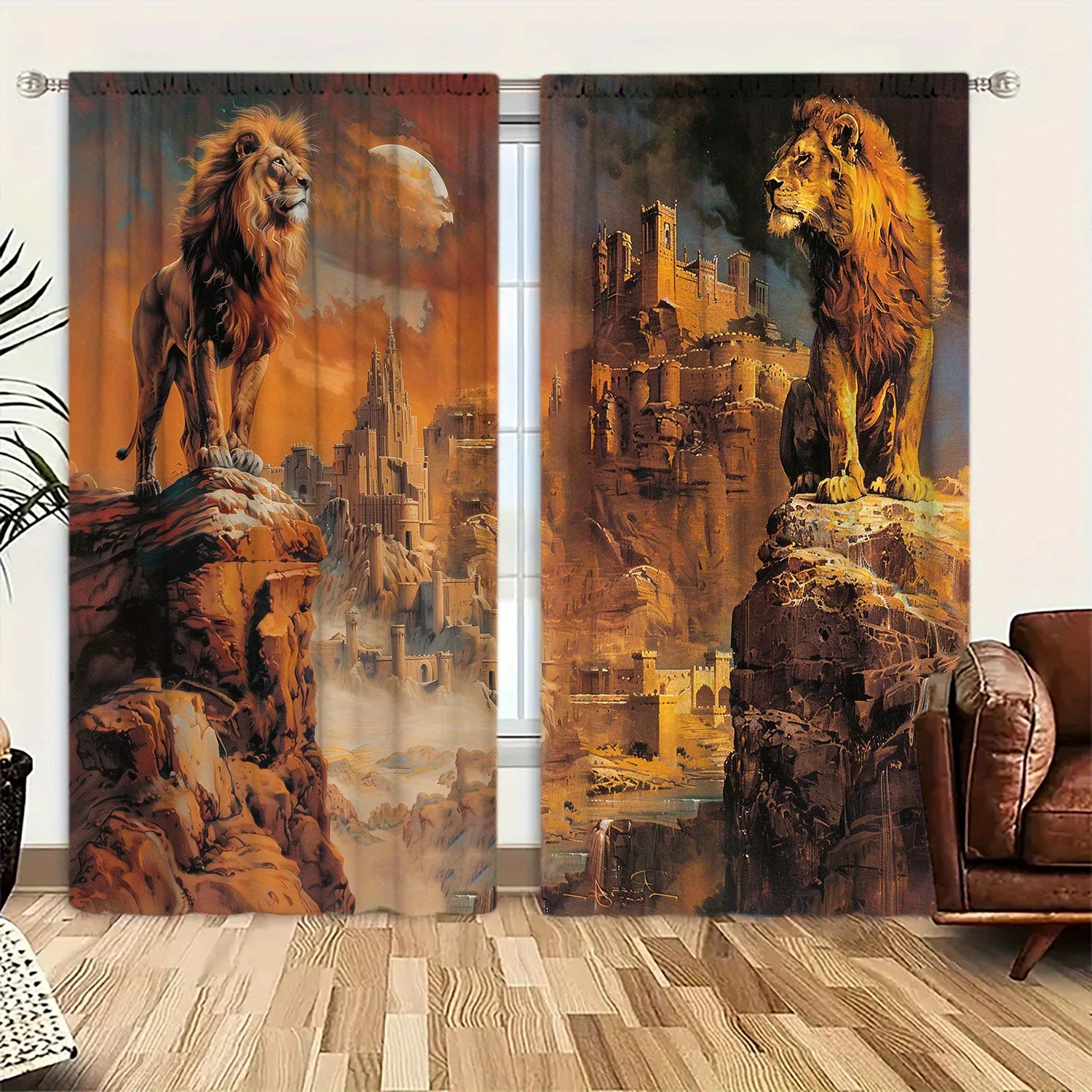 Majestic Lion Curtains, Fantasy Castle Print Blackout Drapes, Epic Animal Decor for Living Room Bedroom Window Treatment