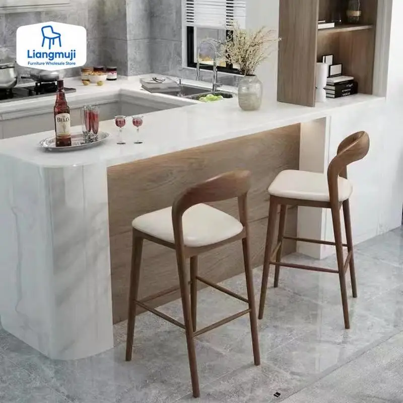 Chaise de Bar nordique en bois massif, tabouret à pieds hauts en bois de cire blanche, moderne et Simple, avec dossier de réception