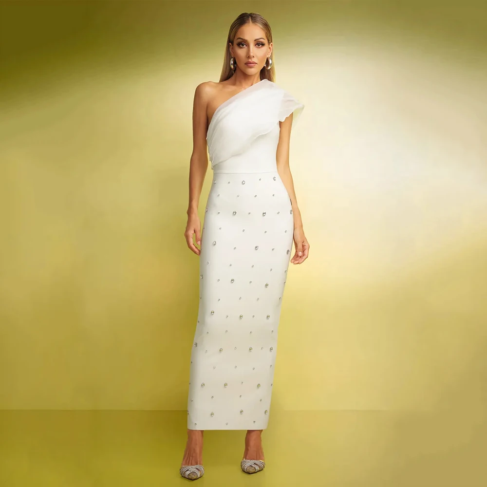 

Customized One-Shoulder Straight Jersey Evening Dress Sleeveless With Crystal Simple Party Dress Backless Ankle Length Prom Gown
