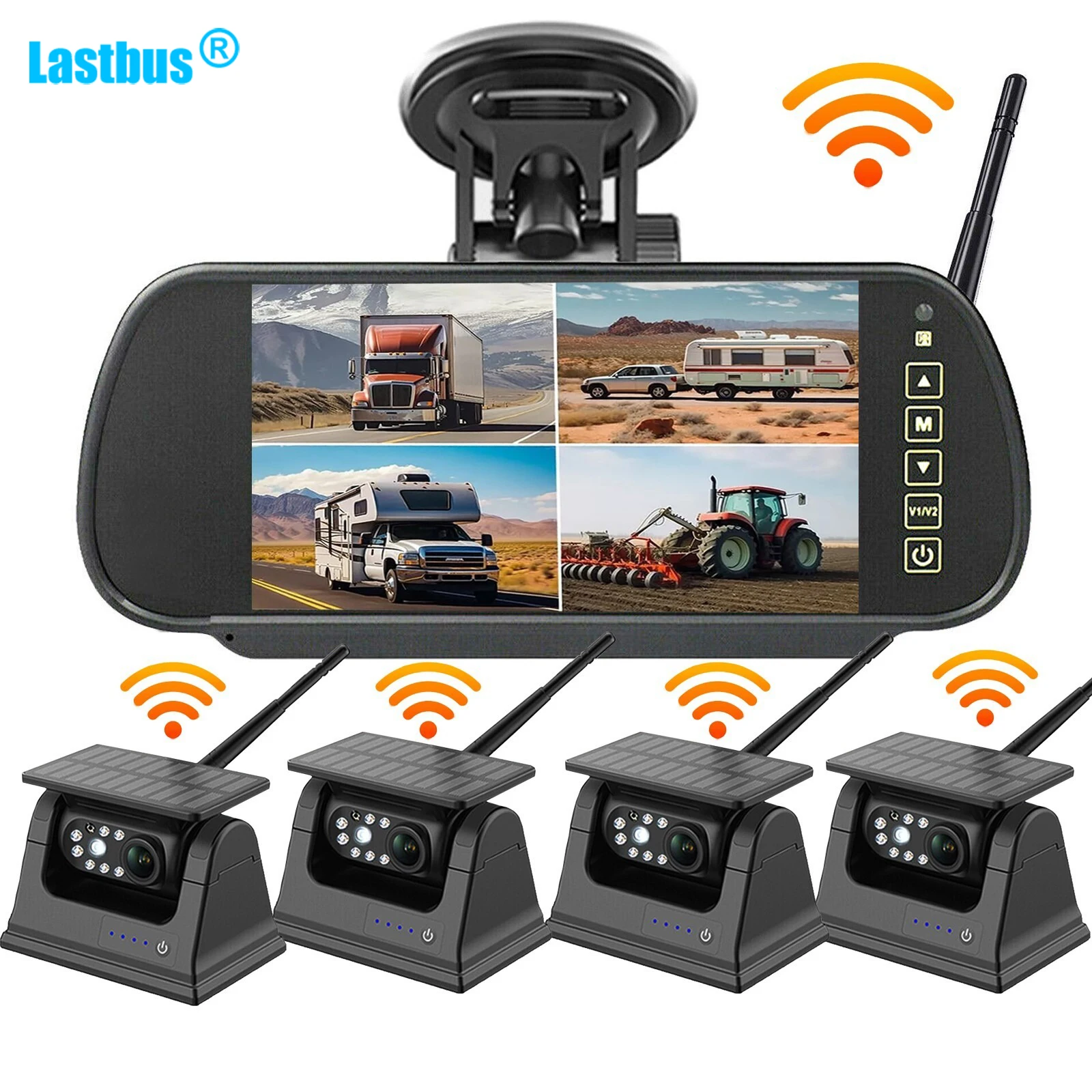 

Lastbus 4X Solar Magnetic Wireless RV Backup Camera With 7" Digital wireless Quad Split Monitor DVR for Truck Bus