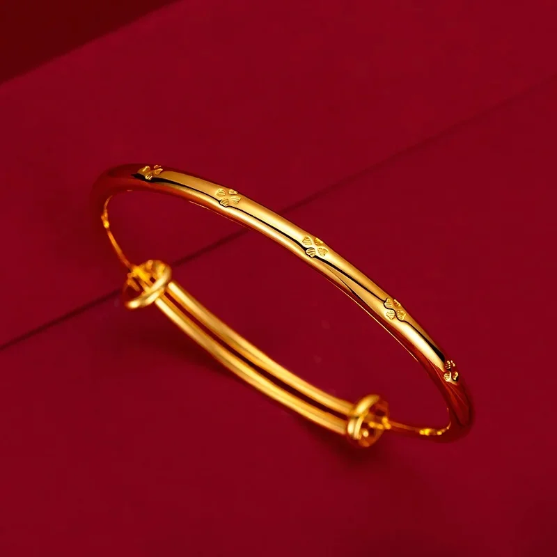 YISON New Gold Plated Lucky Bracelet for Women Trend Golden Grass Smooth Push and Pull Handle Bangle Jewelry Gift
