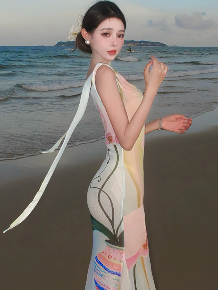 Summer Floral Chic Swinging Collar Sexy Sling Dress Women Boho Elegant Casual Holiday Dress 2025 Korean Bodycon Festival Dresses