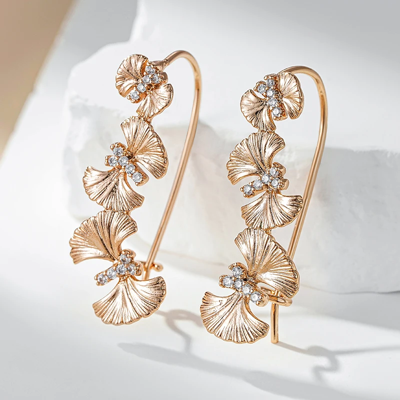 Kienl Vintage Crystal Flower Long Drop Earring for Women 585 Rose Gold Color Shiny Natural Zircon Accessories Daily Fine Jewelry