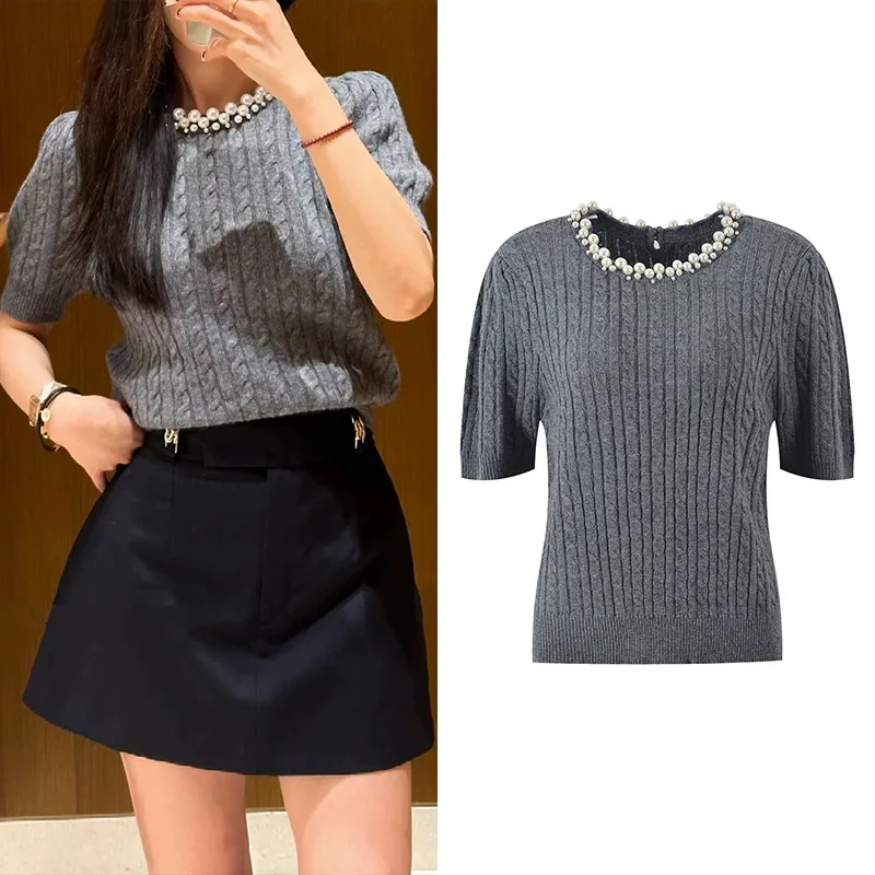 

Элитная версия женского вязаного топа с объемными рукавами, круглым вырезом, коротким рукавом, на пуговицах, для ранней осени