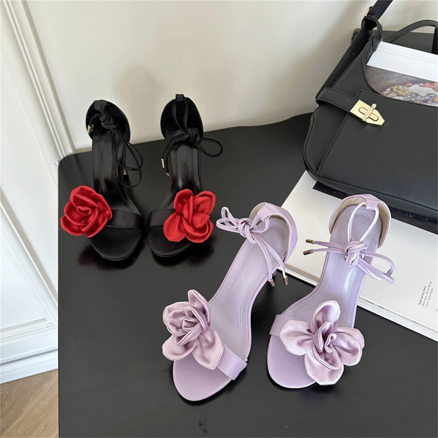 Wedding Party Elegant Black Silk Flower Tie-Up Design Thin High Heels Round Toe Ankle Strap Holiday Pumps Sandals Women Shoes