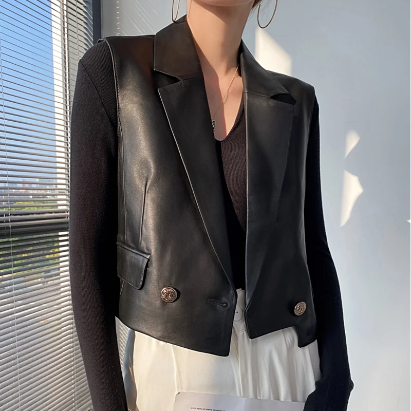 French Fashion Genuine Leather Vest For Women Female Loose Sleeveless Jacket Soft Chic Gilet Short Suit White Casaco Feminino