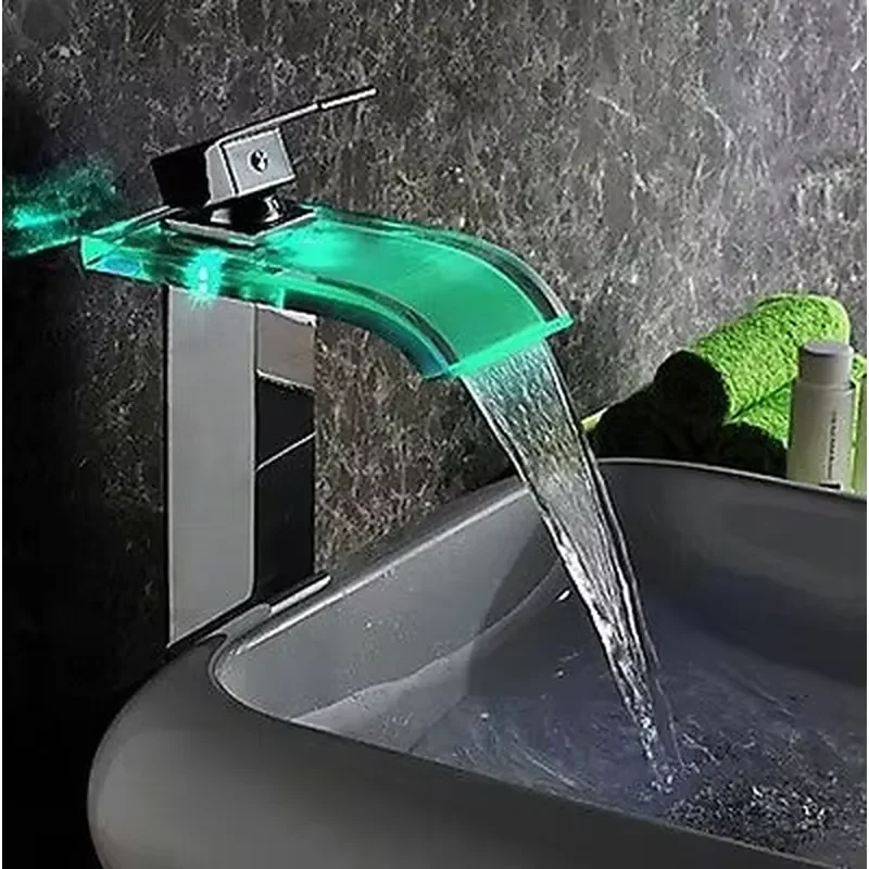 Hydroelectric Bathroom Brass Glass Basin Light Emitting Diode Waterfall Faucet