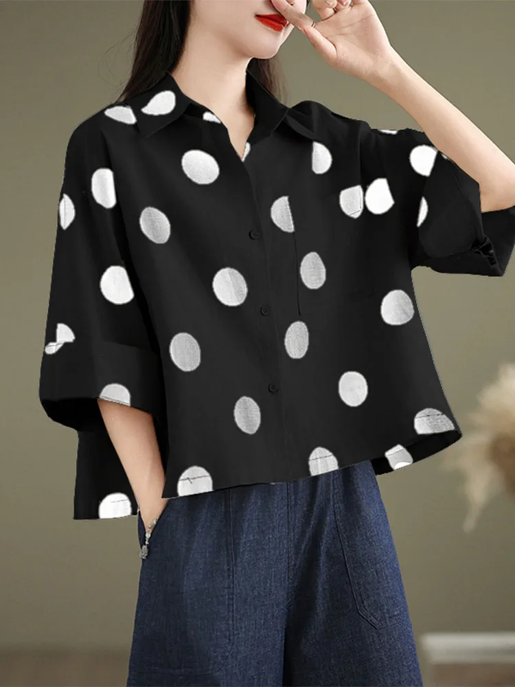 ZANZEA Auutmn Polka Dots Printed Women Shirts Lapel Neck 3/4 Sleeve Work Blouse Summer Tops Elegant Casual Holiday Tops Femme view 3