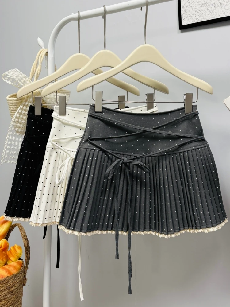 Qiukichonson Gothic Lolita Pleated Skirt Women 2026 Spring Summer Crochet High Waist Lace-up Short Dot Skirts Mini tutu femme