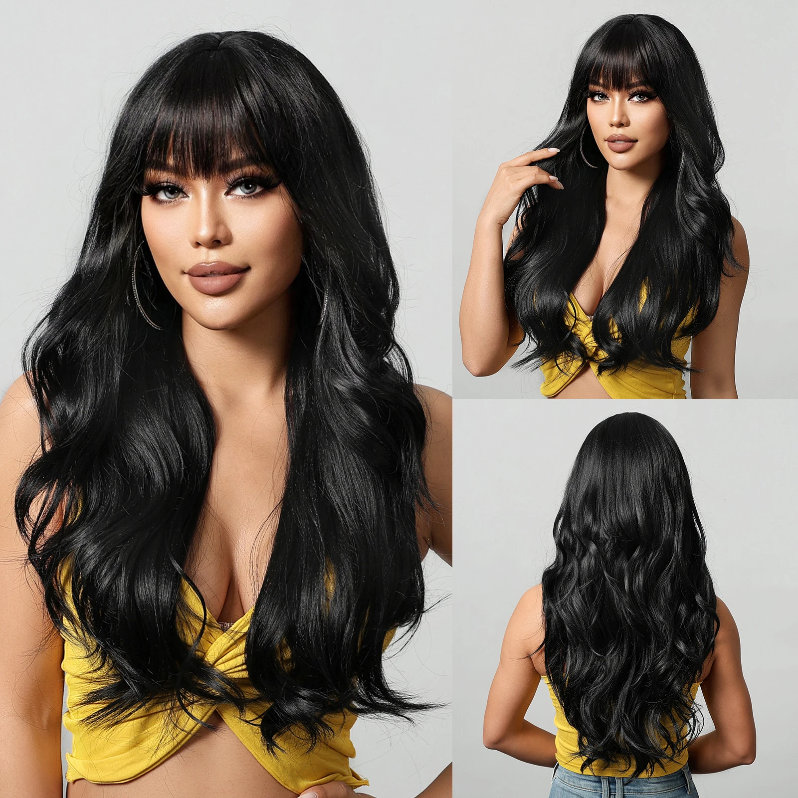 

Черные кружевные волнистые парики для женщин с челкой, повседневные парики из волокна для косплея, термостойкие длинные парики из синтетических волос для ежедневного использования ﻿