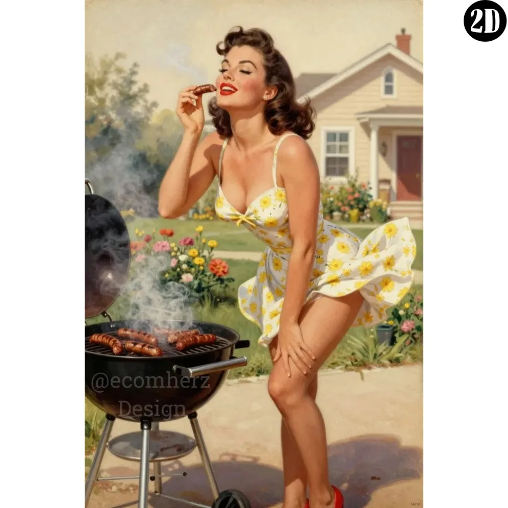 Vintage Metal Tin Sign, Backyard BBQ Pin Up Lady Floral Dress Plaque for Garage Bar Home Wall Decor