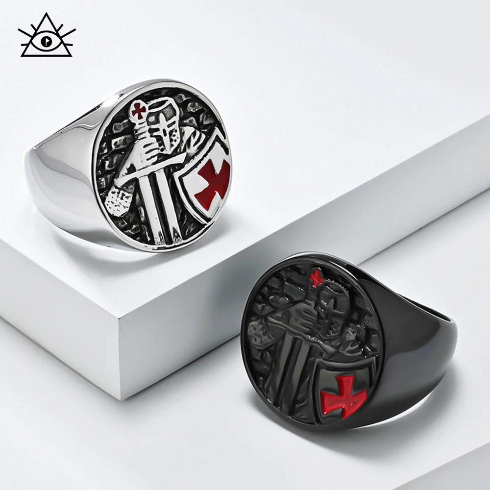 European And American Retro Jewelry Knight Templar Shield Crusader Stainless Steel Ring Rings Men's Niche Personality