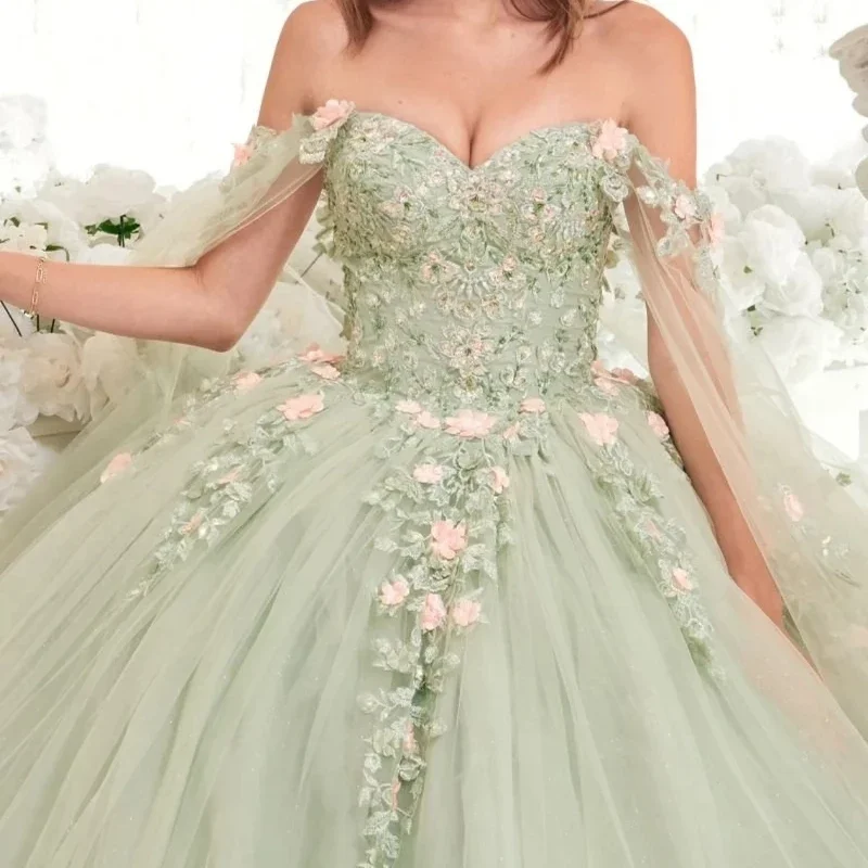 Angelsbridep sage verde 3d flores apliques rendas princesa quinceanera vestidos com capa vestido de baile tule doce 16 vestido