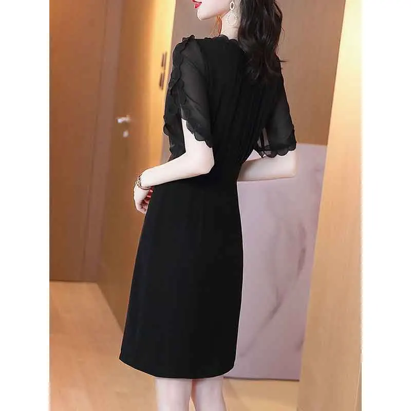 Fashion Sweet Young Style Design Black Dress Women Round Neck Patchwork Puff Sleeve Korean Slim Short Sleeved A-line Dresses