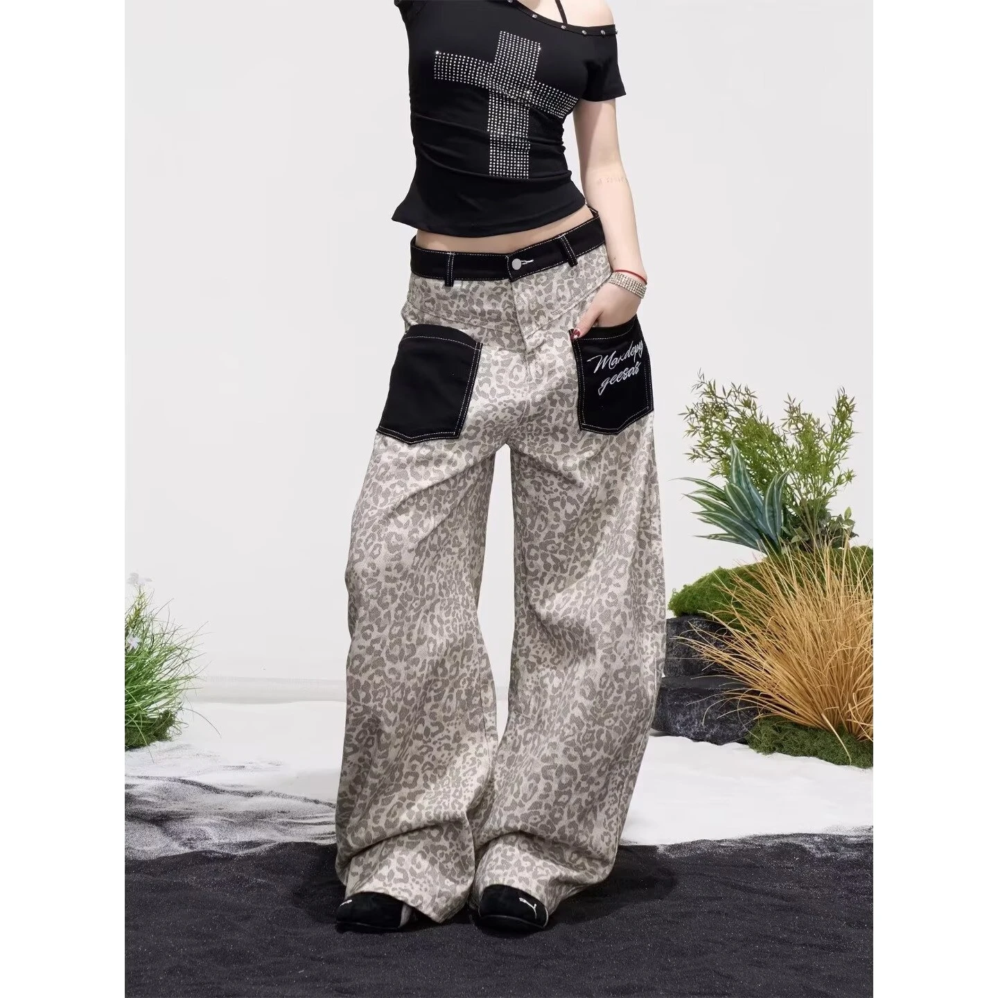 Retro Leopard Print Patch Pocket Jeans Loose Street Style Jazz Dance Knife  Pants Women Spring Summer Cross Border
