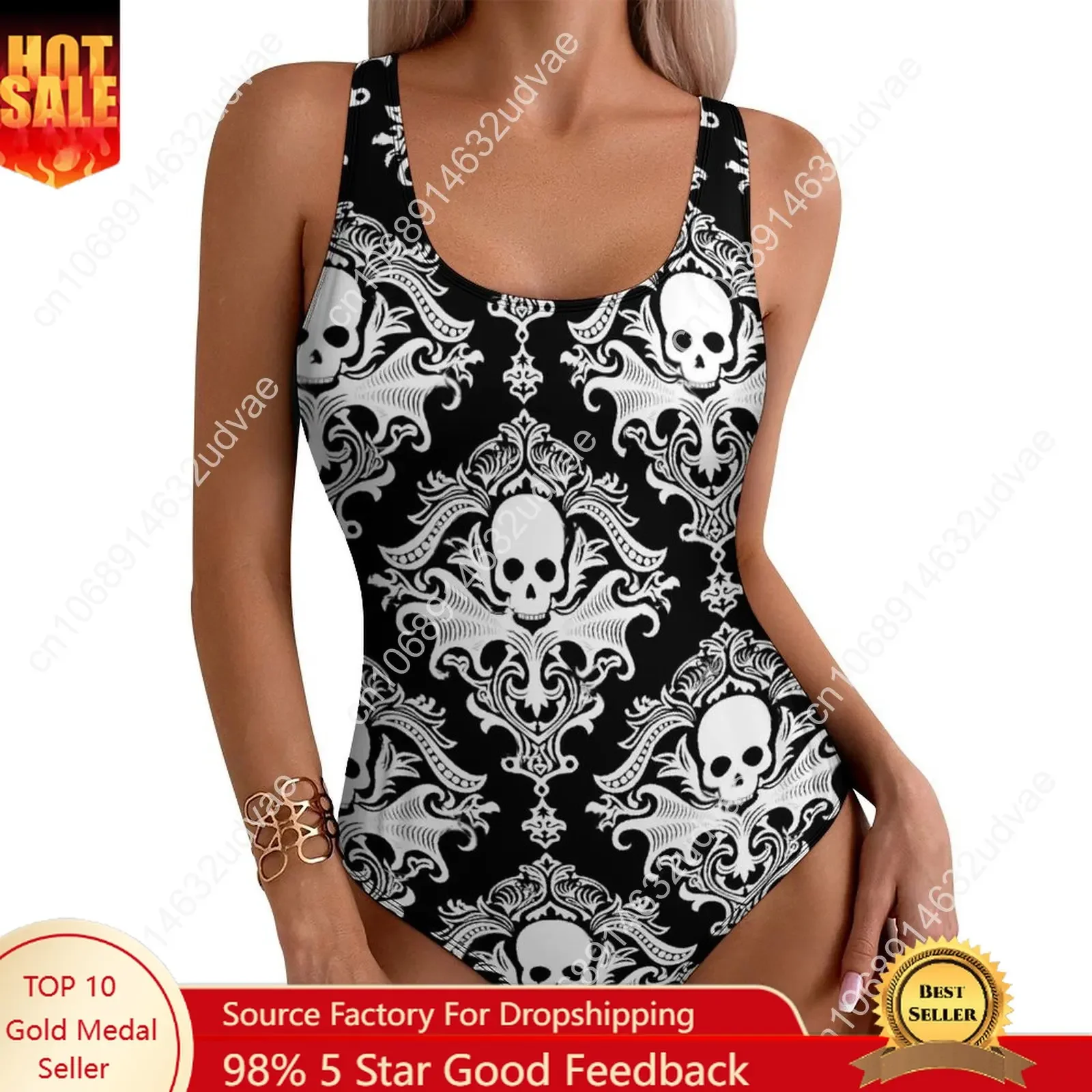 

Gothic Skulls Print Swimsuit Retro Damask Swimwear One Piece Holiday Swim Bodysuit Bathing Suits Woman Push Up Sexy Beach Wear