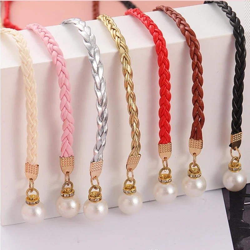 Belt Style Candy Color Waist Chain Hemp Rope Braided Big Pearl PU Leather Casual Thin Belt for Dress Decor Women Girls