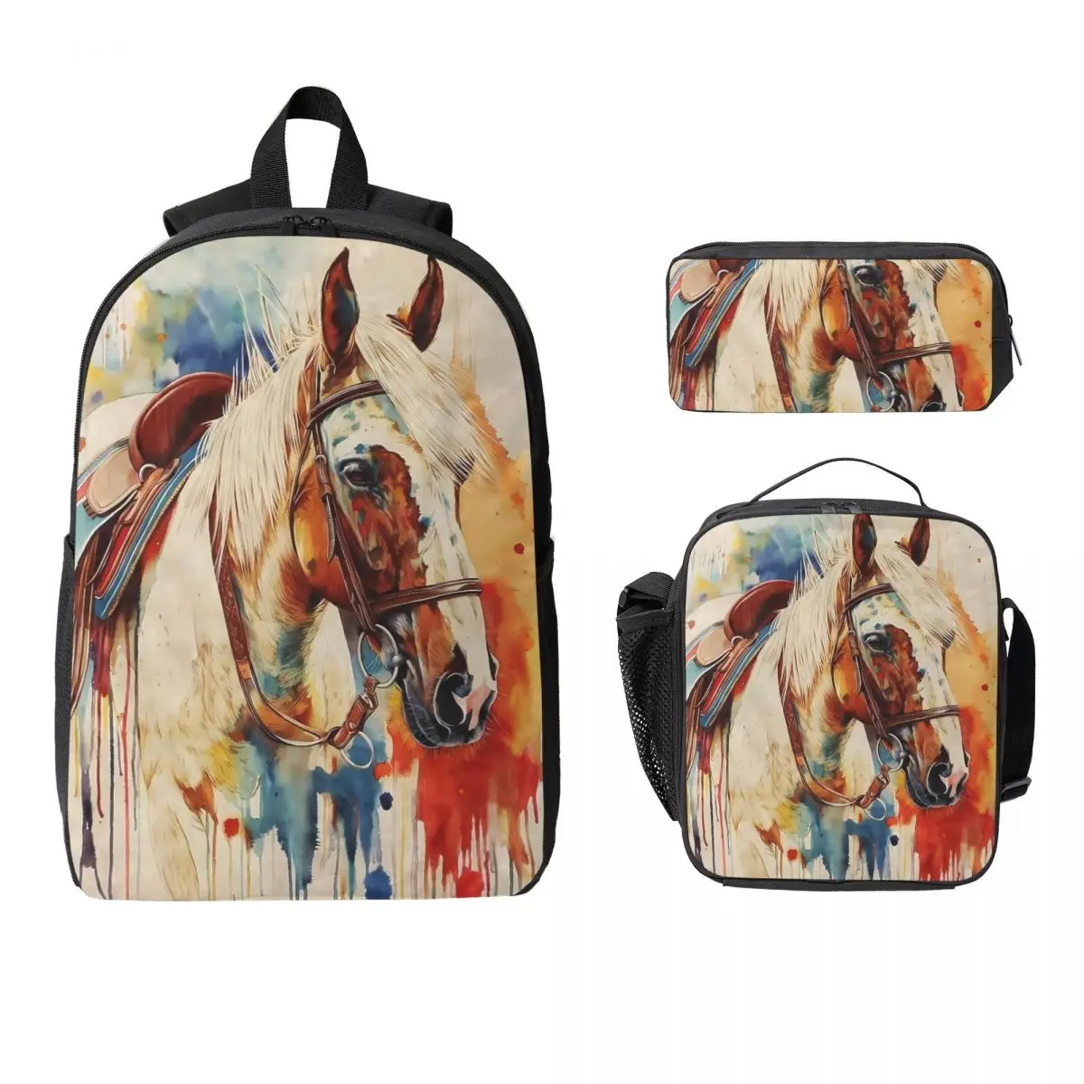 Horse Backpacks with Lunch Box Pencil Case 17 Inch Lightweight Bookpack 3 in 1 Set Back To Shool Supplies for Kids