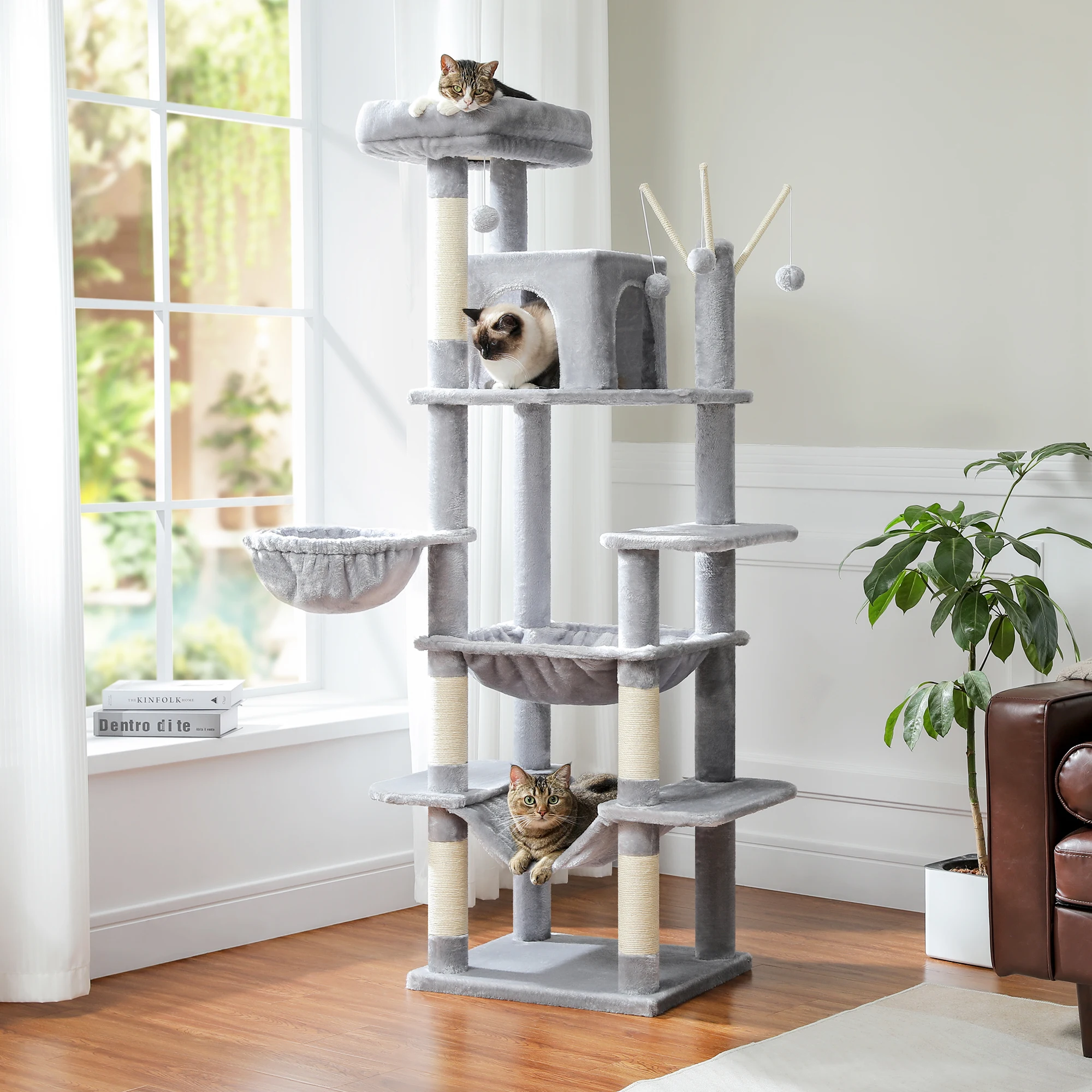 Deluxe Multi-Cat Tower Tree 175cm High 6-Tier Structure 56x46cm Base Fits 6 Cats Sisal Posts 3 Hammocks Cozy Condo & Play Ball