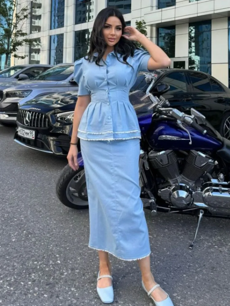 

Puff Sleeve Slim Blouse Top And High Waist Skirt Two Piece Set 2025 New Fashion Blue Outfits Slim Top Long Skirt Female Suit