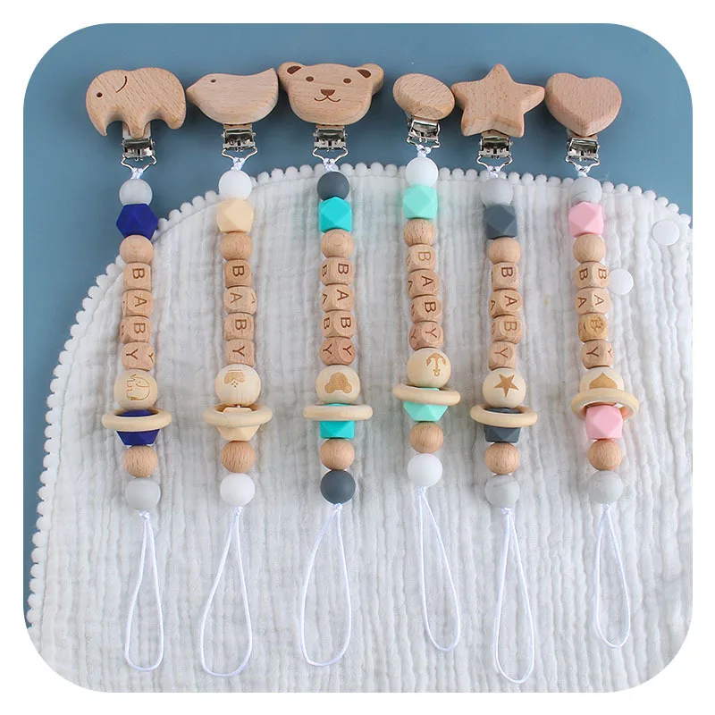 Baby Personalized Name Handmade Silicone Wooden Pacifiers Clip Teething Chain Dummy Holder Anti-Lost Pacifier Chains BPA Free