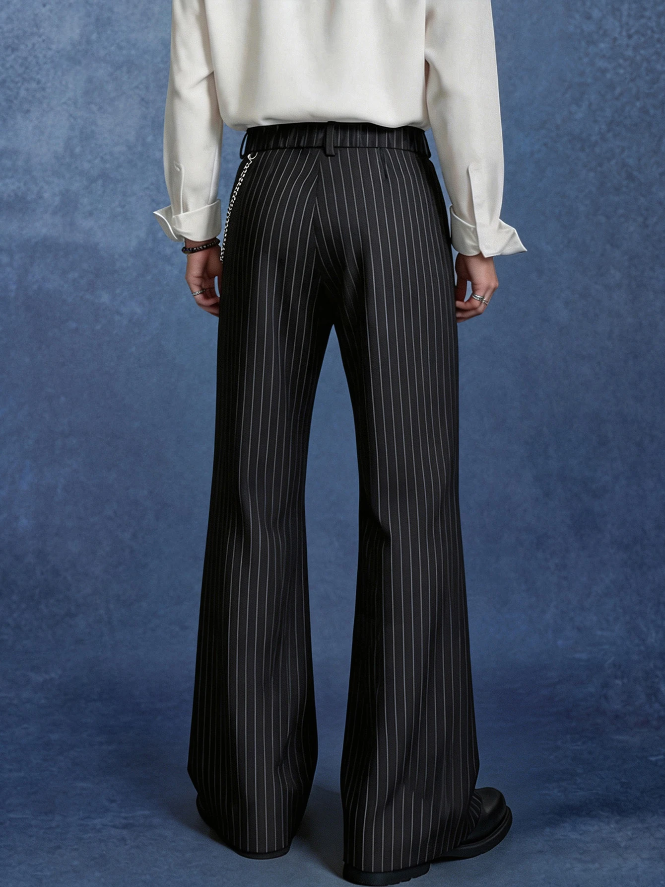 Men Black White Striped Flared Suit Pants, Double Button High Waist With Detachable Pant Chain, Smooth Wrinkle Resistant Fabric,