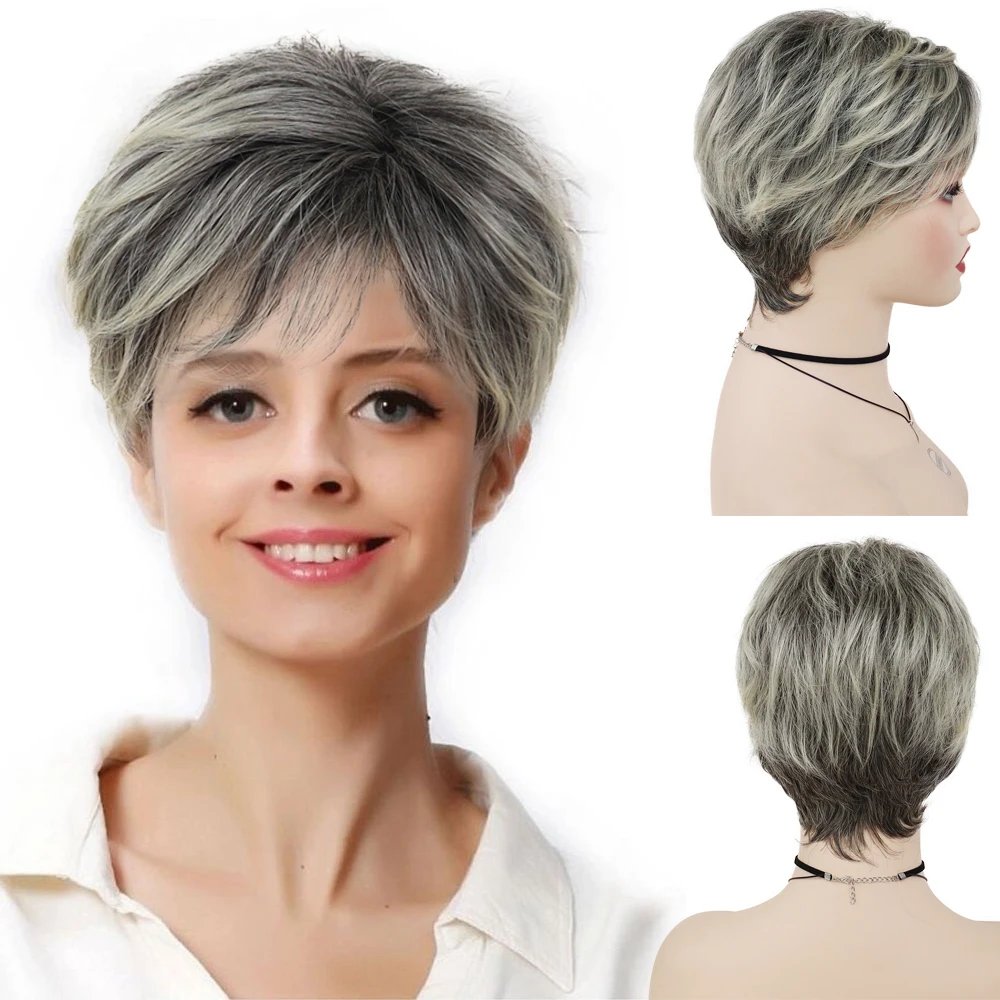 

Synthetic Ombre Gray Wigs for Women Short Haircuts Bob Wig with Side Bangs Daily Use Natural Hairstyles Elderly Wig for Mother