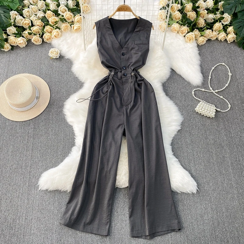 

Women's V-Neck Single Breasted Sleeveless Waist Cinched Slim Wide Leg Pants Jumpsuit