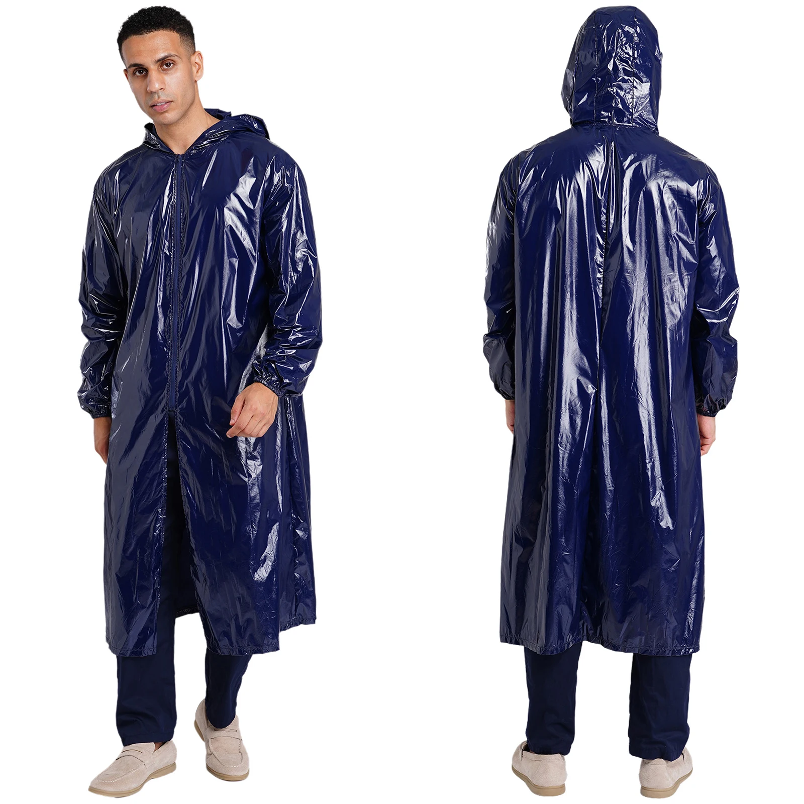 Mens Waterproof Hooded Long Jacket Long Sleeve Front Zipper Lightweight Raincoat Workwear Poncho Coat for Hiking Rainy Day Work