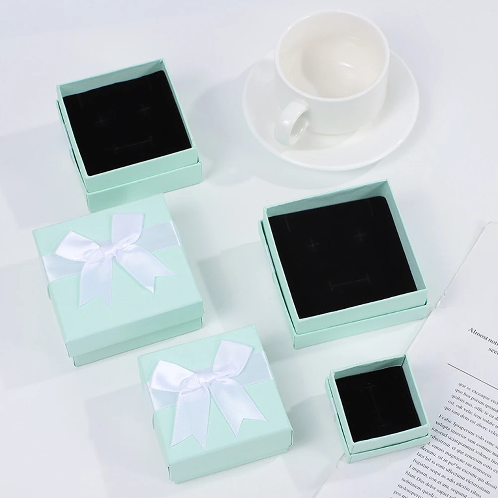 24pcs Light Green Jewelry Box with White Bowknot Small Cute Gift Paper Cardboard Case Proposal Ring Earring Wedding Display Tool