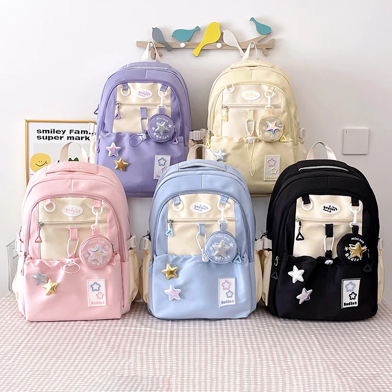 Star Large Capacity Nylon Backpacks High Quality Unique Design Cute Color Matching Schoolbags for Women 2024 Casual Coin Purse