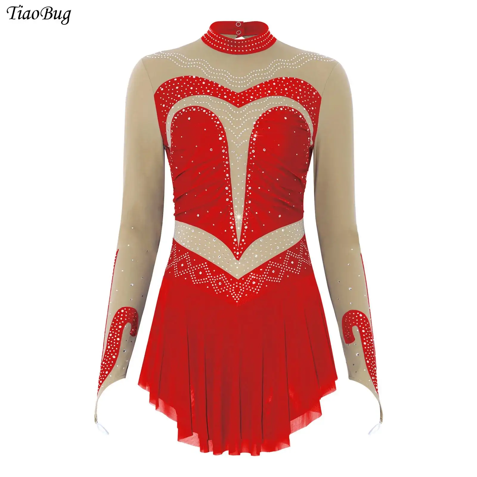 

Women Artistic Figure Skating Ballet Lyrical Dance Leotards Dress Rhinestones Color Block Long Sleeve Mesh Gymnastics Jumpsuit