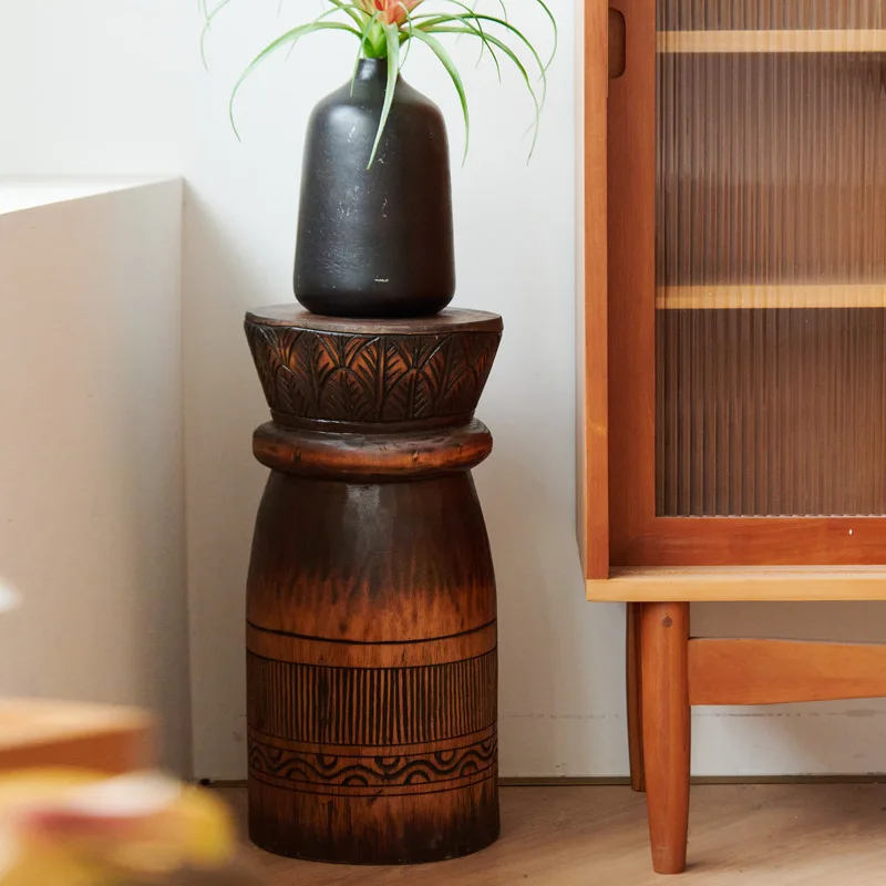 Ethnic style retro solid wood pier cylindrical coffee table ornament bed and breakfast side table base