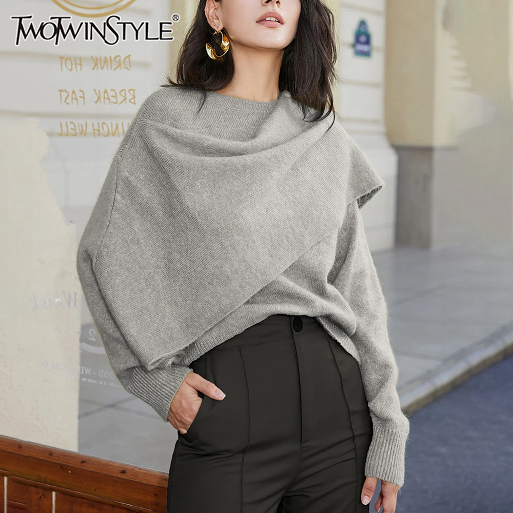 TWOTWINSTYLE Solid Minimalist Sweater For Women Round Neck Long Sleeve Patchwork Strappy Loose Elegant Pullovers Female Clothing