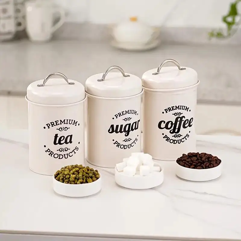 3Pcs Metal Round Kitchen Container With Airtight Lid Tea Coffee Sugar Canister Jar Moisture Proof Coffee Beans Storage Jar
