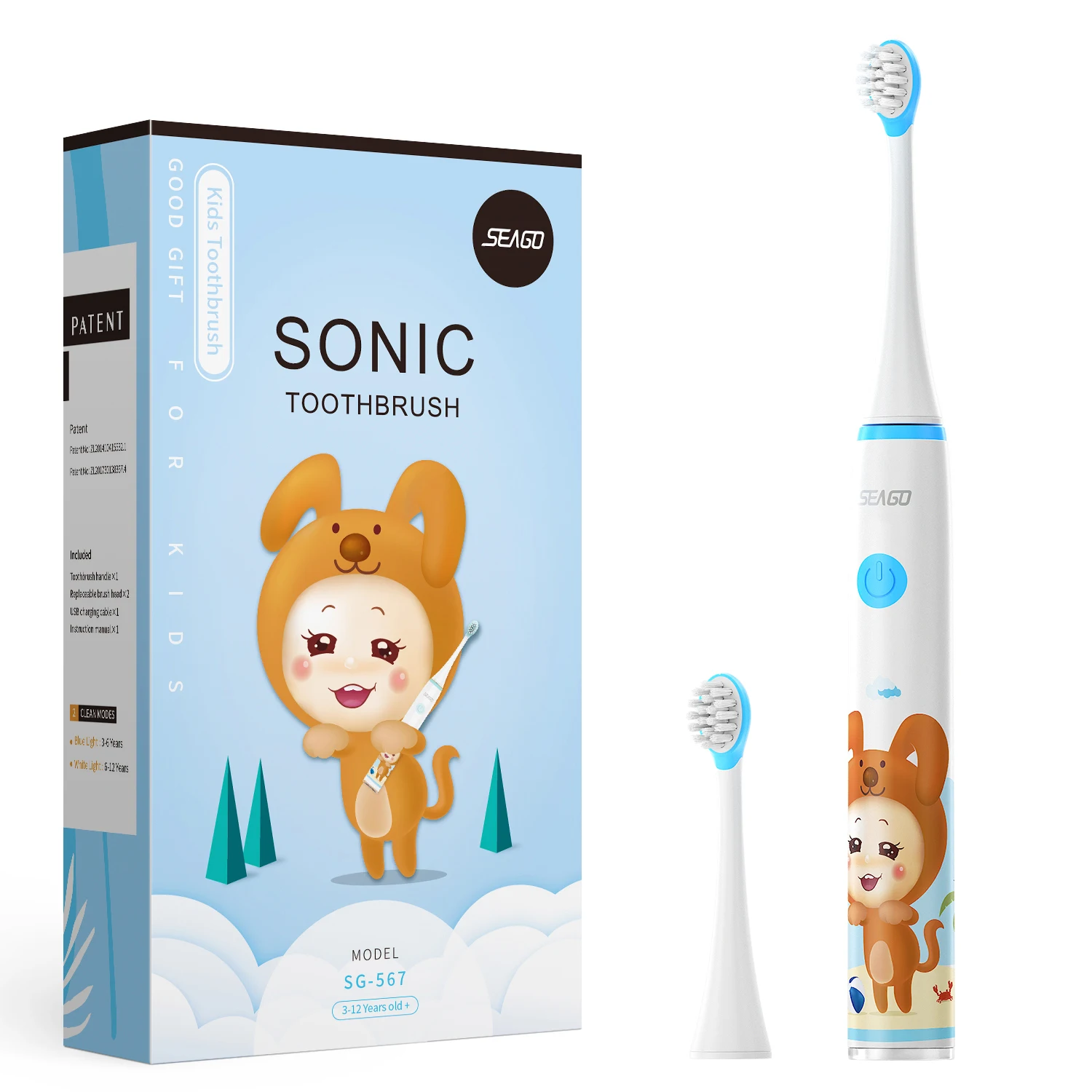 SEAGO Sonic Electric Toothbrush Upgraded Kid Safety Automatic Toothbrush USB Rechargeable with 2 pcs Replacement Brush Head SK3