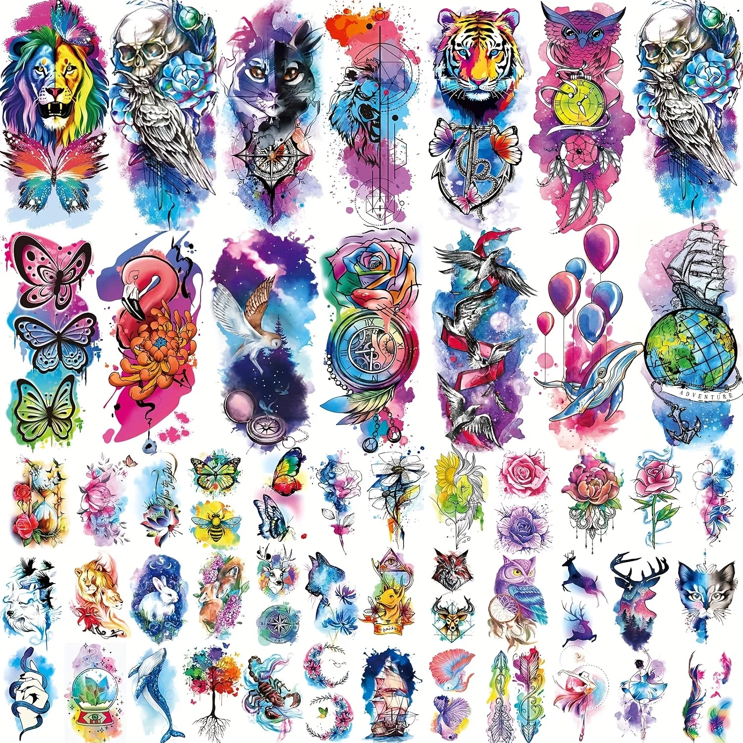

50 Sheets Large Half Arm Fake Tattoos Flower Cat Owl Lion Temporary Tattoos for Women Men Tiny Waterproof Semi Permanent