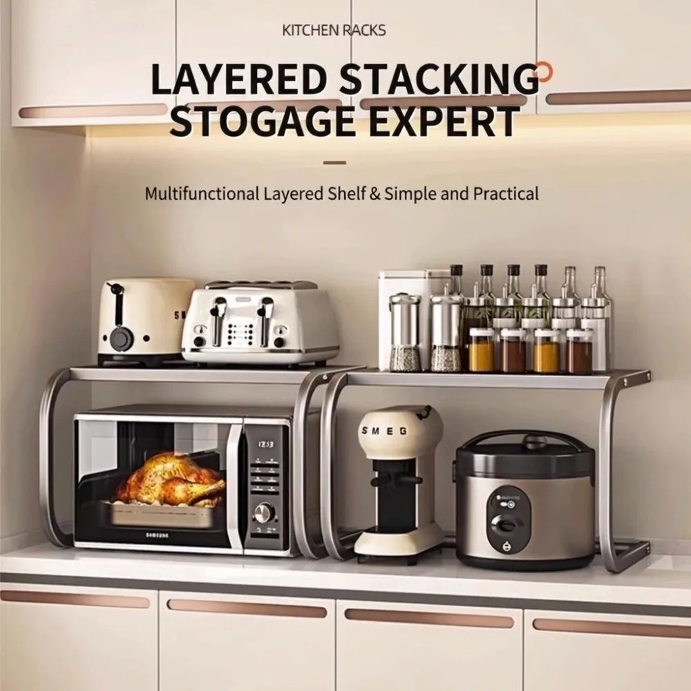 2-Tier Microwave Oven Stand Space-saving Carbon Steel Kitchen Storage Rack Large Storage Sturdy Countertop Microwave Shelf