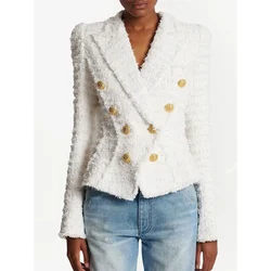 White Woolen Blazer Jacket with Tassel 2024 Autumn Winter New Designer Tassel Edge Rough Tweed Suit Jacket Shorts Women Coat