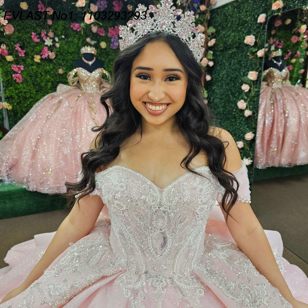 فستان Quinceanera وردي سباركلي مخصص من EVLAST فستان حفلة مزين بالترتر والدانتيل مطرز بالخرز الحلو 16 فيستدوس دي 15 أنوس E1QN674