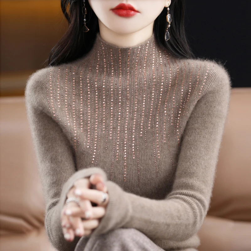 Seamless Ready-To-Wear Pure Wool Sweater Women's Semi-Turtleneck Pullover Long Sleeve Fall/Winter 2022 Diamond Encrusted Stretch