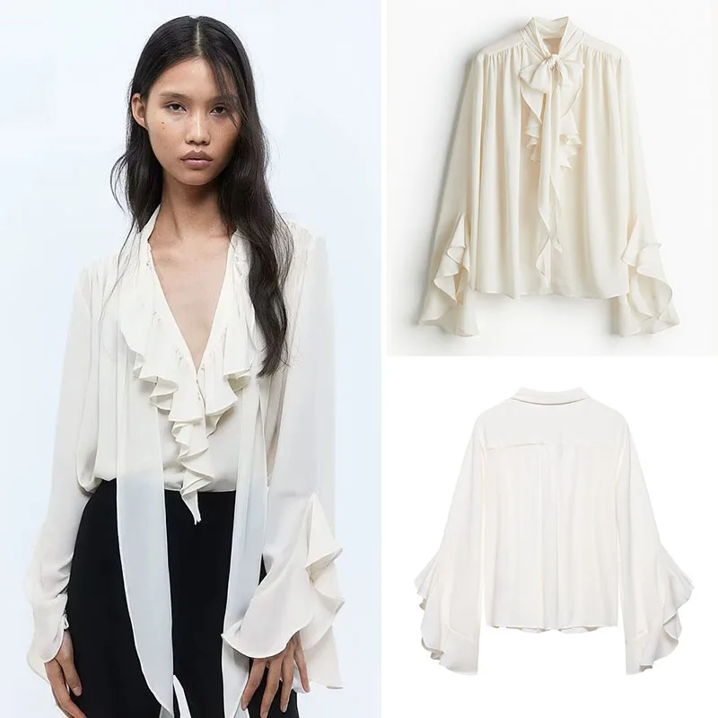 

Spring New Arrival Women's Casual Shirt with Ruffle Collar Tie Design Ethnic Fashion Stage Costume for Ages 25 to 35