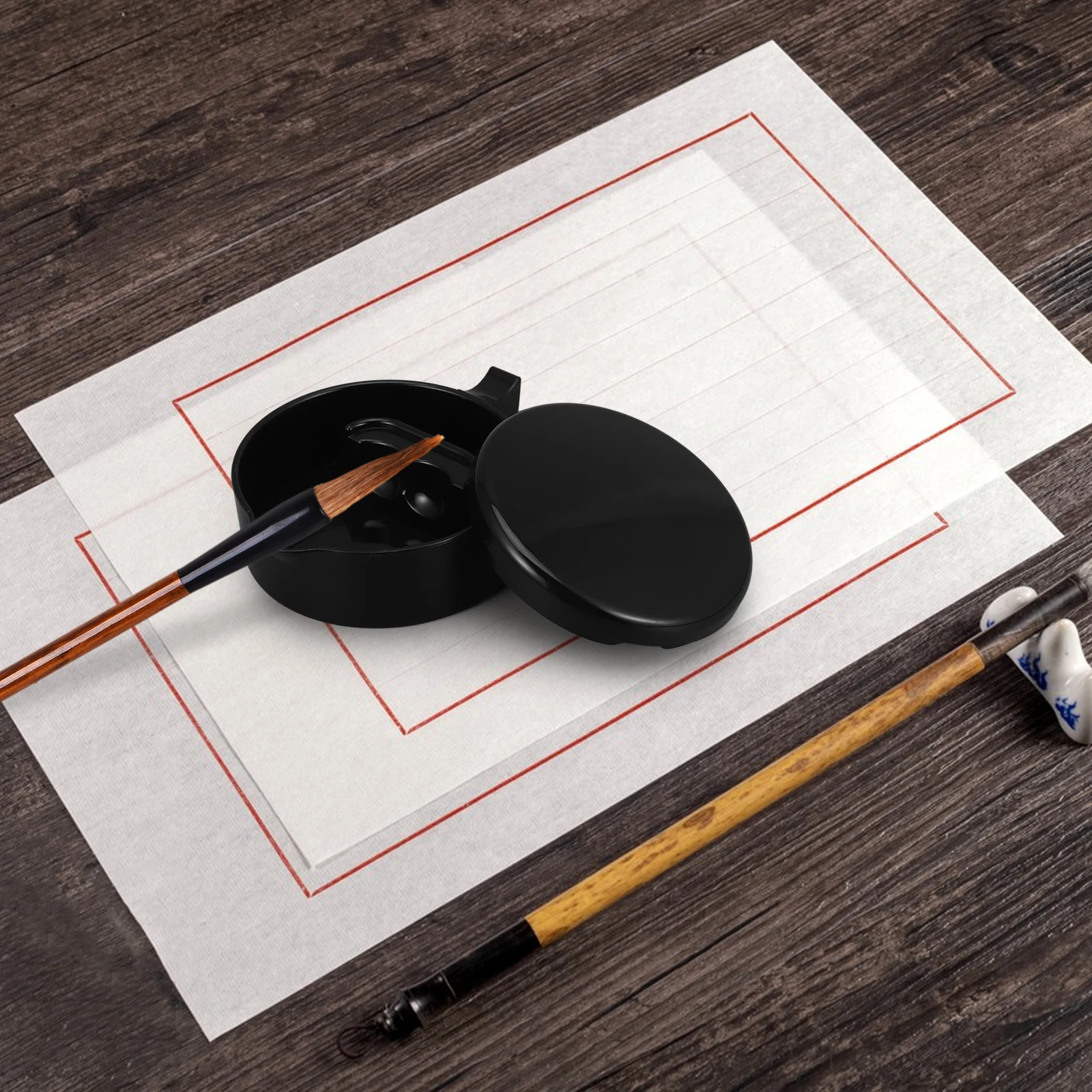 

Calligraphy Ink Dish with Lid Brush Holder Durable Easy Clean Art Supply for Chinese Calligraphy Practice Office Desk Accessory