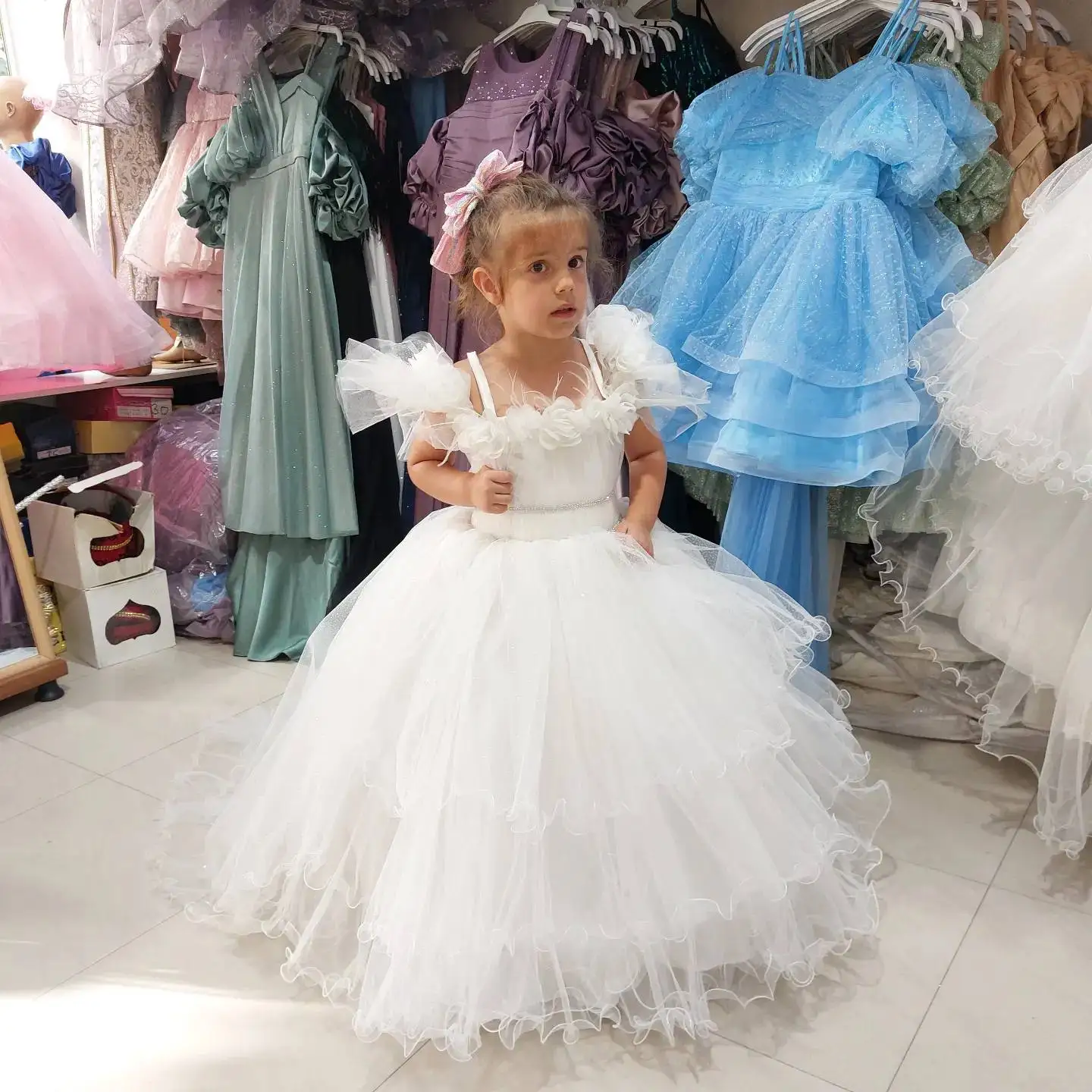 Vestido De Menina De Flor De Pena Branca, Ruffles Tule, Vestido De Primeira Comunhão, Vestidos De Aniversário, Festa De Casamento