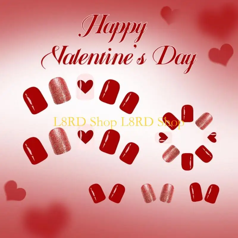 L8RD 24Pcs Glitters Red Heart Square Fake Short Party Date Art Set
